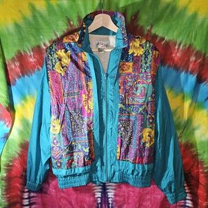 Vintage Action Sport Turquoise Multicolor Patchwork Windbreaker Jacket